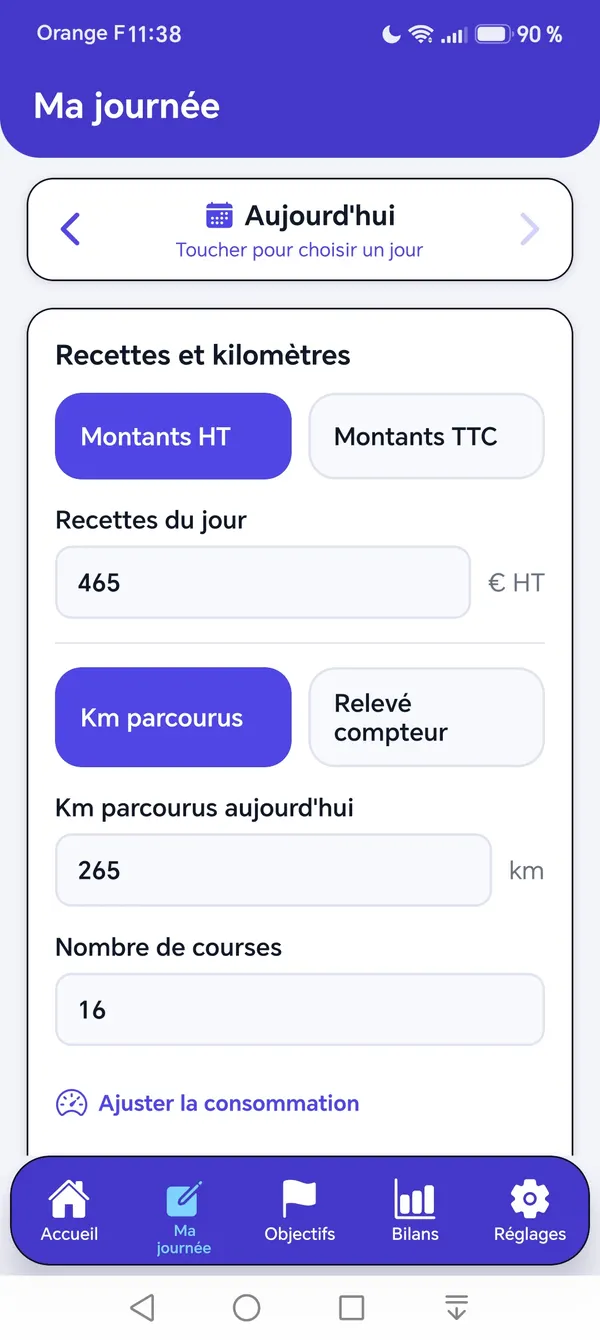 Écran Ma journée : recettes, kilomètres et nombre de courses