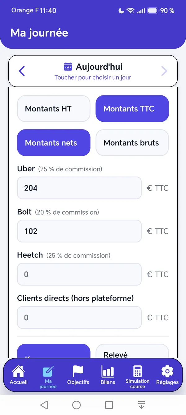 Ma journée VTC : commissions des plateformes déduites