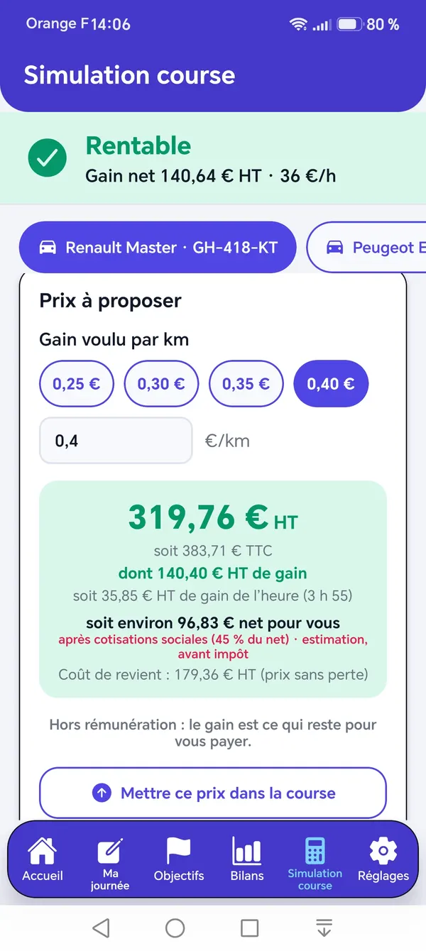 Simulation course : prix à proposer de 284 euros